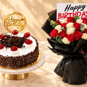 Black forest cake and birthday bouquet