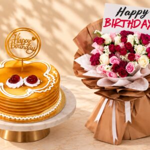 Cappuccino Cake and Birthday Rose Bouquet