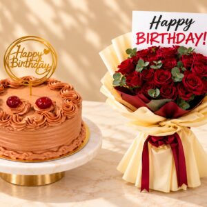 Chocolate cake and rose bouquet combo