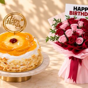 Fruit Cake and Rose Bouquet