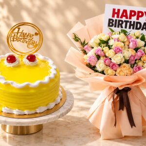 Pineapple Cake and Rose Bouquet
