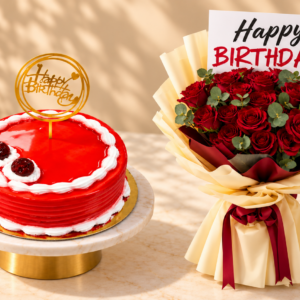 Strawberry Cake and Rose Bouquet