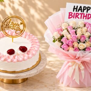 Vanilla cake with pink rose bouquet